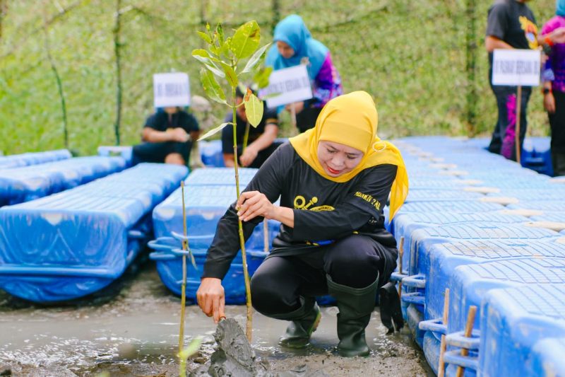 Gubernur Jawa Timur Khofifah Indar Parawansa bersama Komandan Pasmar 2 Mayor Jendral Oni Junianto memimpin langsung aksi bersih pantai dan penanaman 1.200 bibit mangrove di Kenjeran Park, Surabaya. (Foto: Adpim For DigitalJatim)
