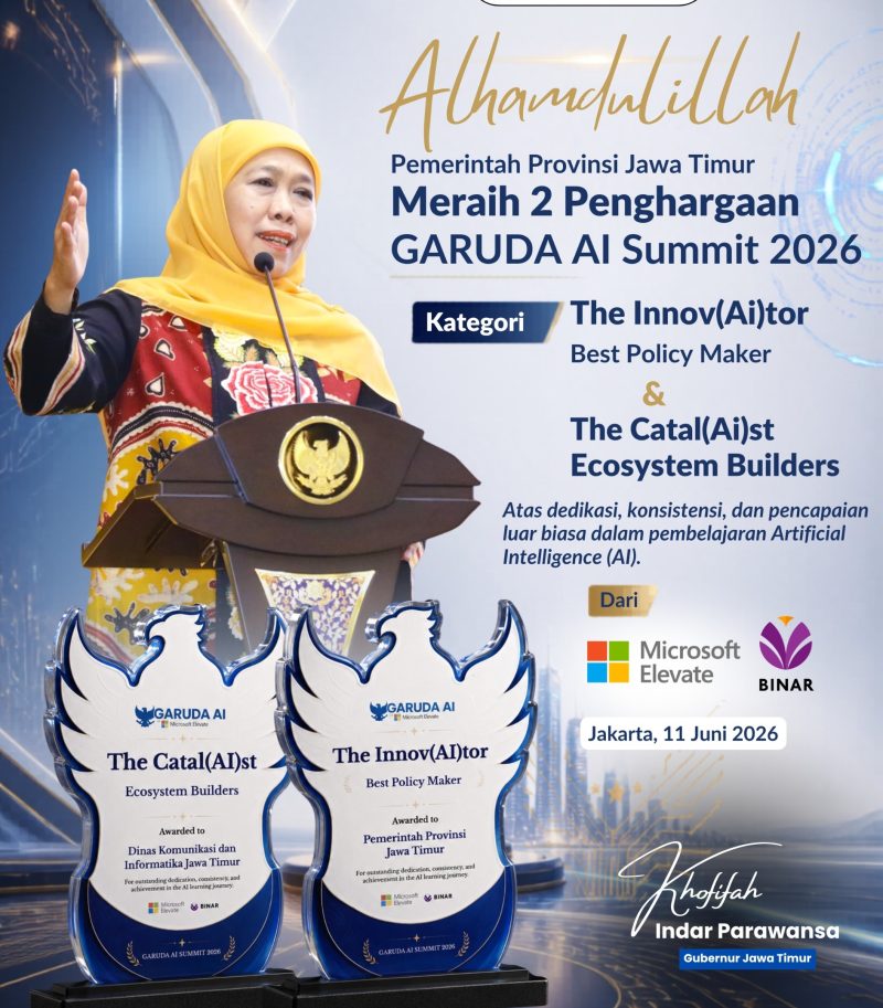 Manfaatkan AI untuk Pemerintahan, Pemprov Jatim Borong Dua Penghargaan Garuda AI Impact Summit. (Foto: Adpim for DigitalJatim)