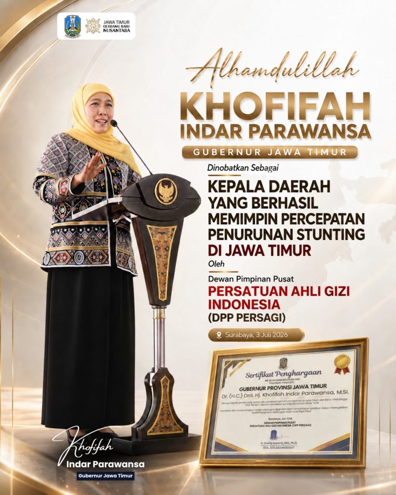 Berhasil Turunkan Stunting Jadi 14,7 Persen, Gubernur Khofifah Raih Penghargaan Persatuan Ahli Gizi Indonesia