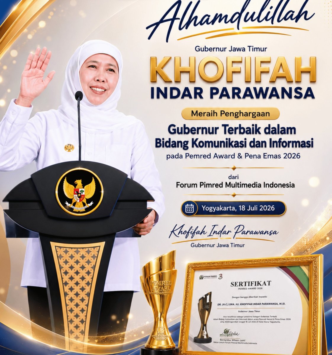 Gubernur Khofifah Raih Pimred Award 2026, Dinobatkan Terbaik di Bidang Komunikasi dan Informasi Publik