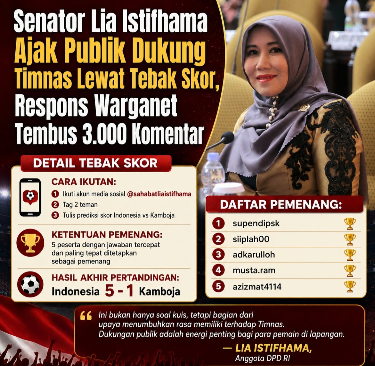 Senator Lia Istifhama Ajak Publik Dukung Timnas Lewat Tebak Skor, Respons Warganet Tembus 3.000 Komentar