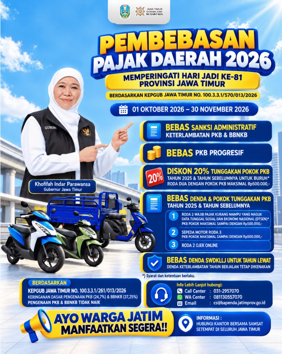 Sambut Hari Jadi ke-81 Jatim, Guebernur Khofifah Beri Pembebasan dan Keringanan Pajak Kendaraan Selama 2 Bulan