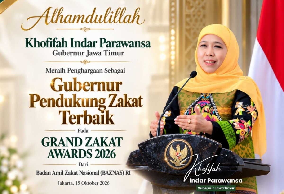 Gubernur Khofifah Raih Grand Zakat Award 2026, Perkuat Pengelolaan Zakat untuk Kesejahteraan. (dok. Humas Pemprov)